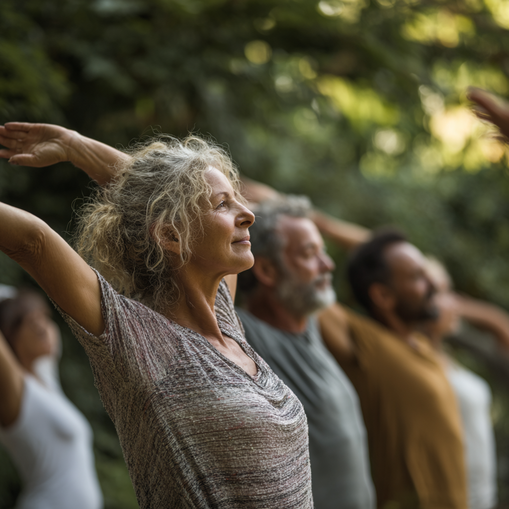 Middle-aged adults practicing gentle movement exercises in natural setting