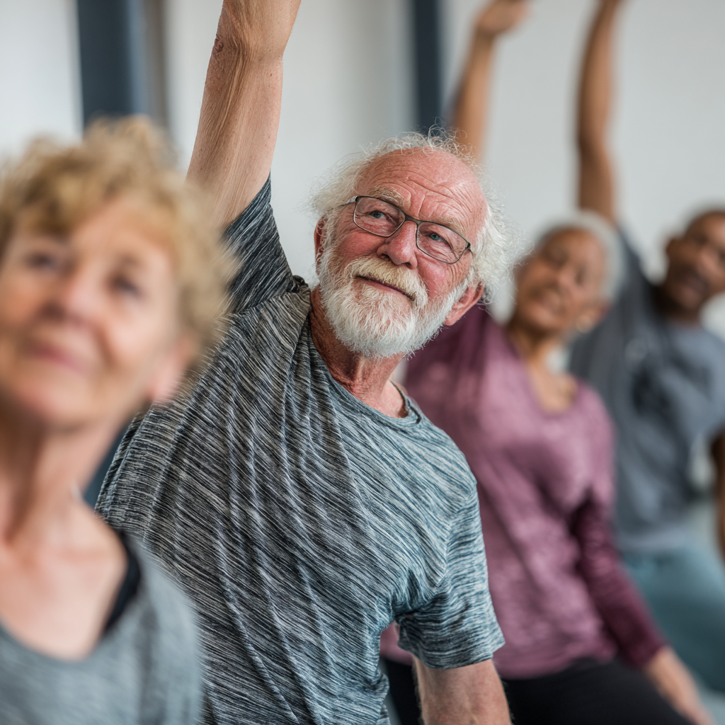 Older adults engaging in mindful movement and stretching activities